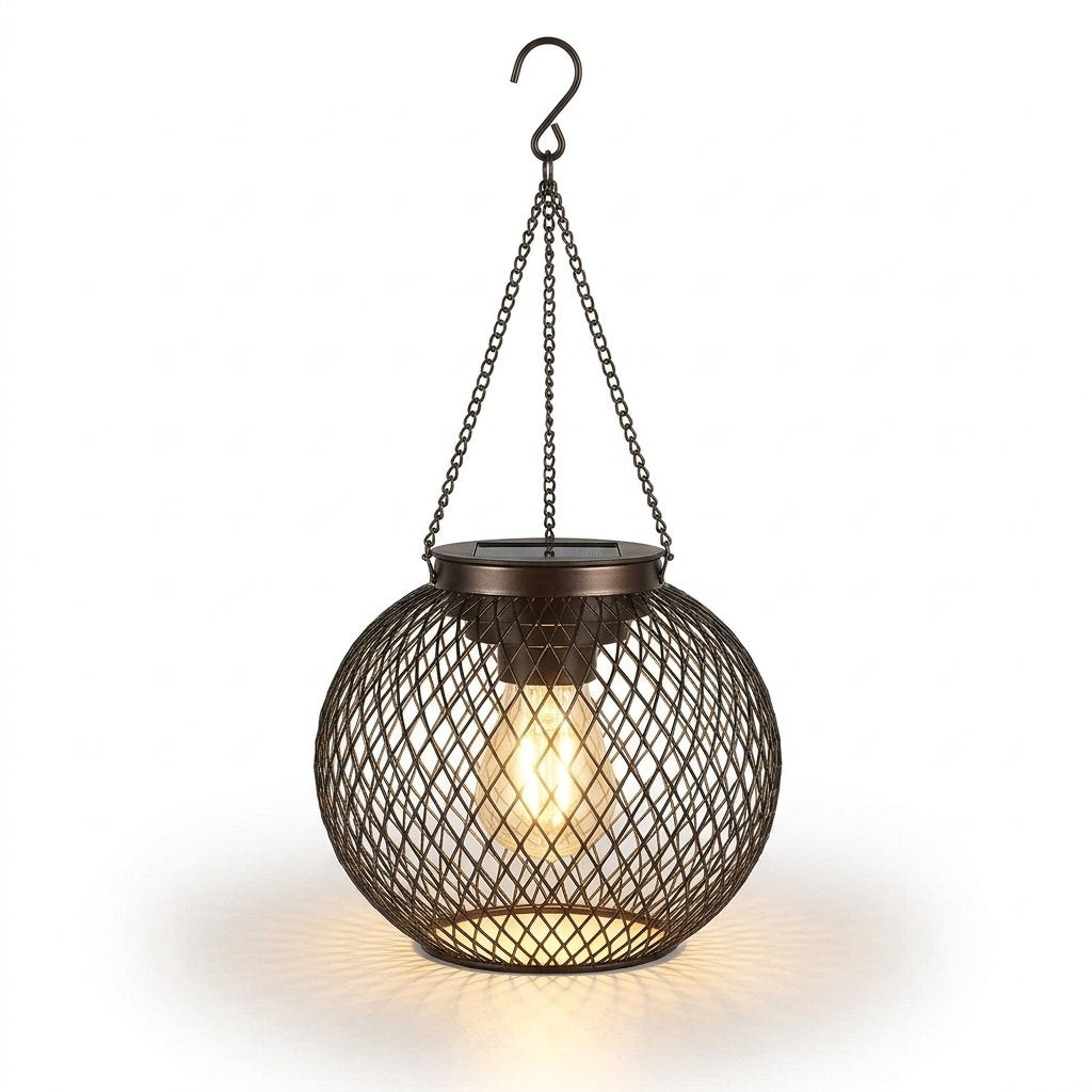 Solar-Powered Hanging Globe Lantern with Warm White LED – Black Metal Wire Mesh, Set of 2