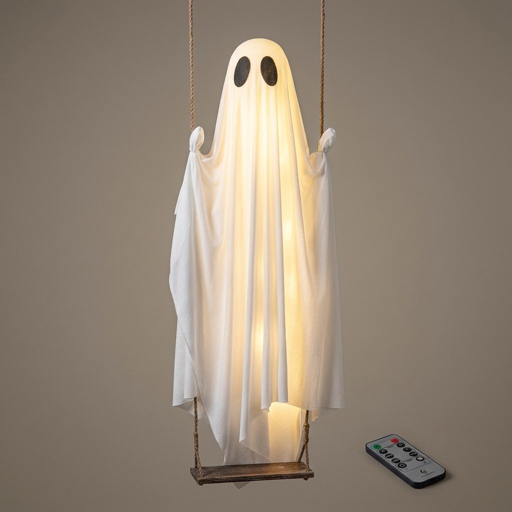 Swinging Ghost Halloween Decoration with LED Lights and Remote Control