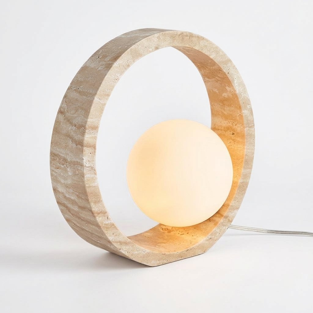 Travertine Ring Table Lamp with Frosted Glass Globe