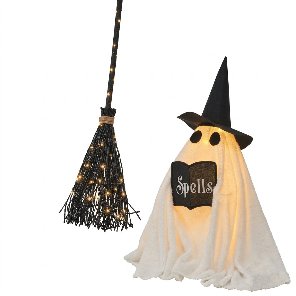 Wanda the Witch Ghost Outdoor LED Figure with Black Witches Broom Halloween Decoration Set
