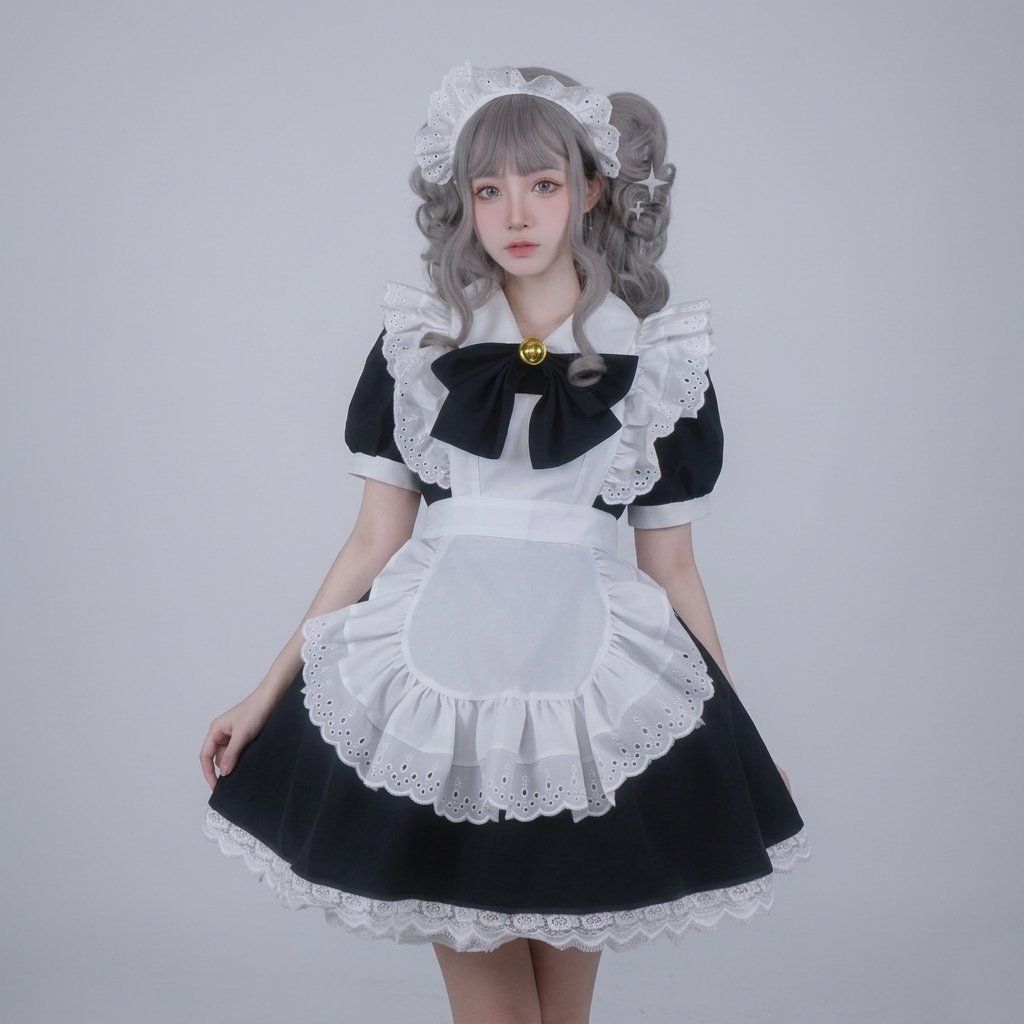 Women's French Maid Costume Dress with Apron, Puff Sleeves and Lace Trim — Sizes 6 to 28