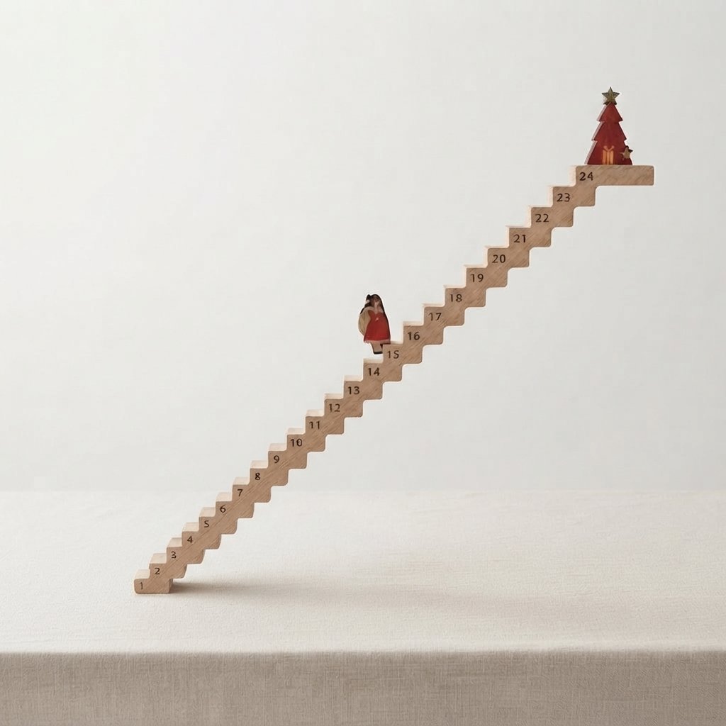 Wooden Advent Staircase with Santa Figurine
