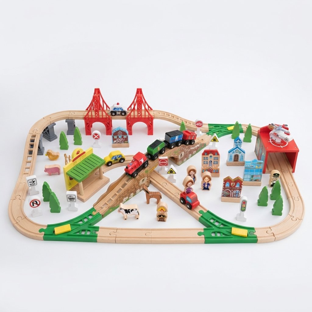 Wooden Town Train Set with Storage Box
