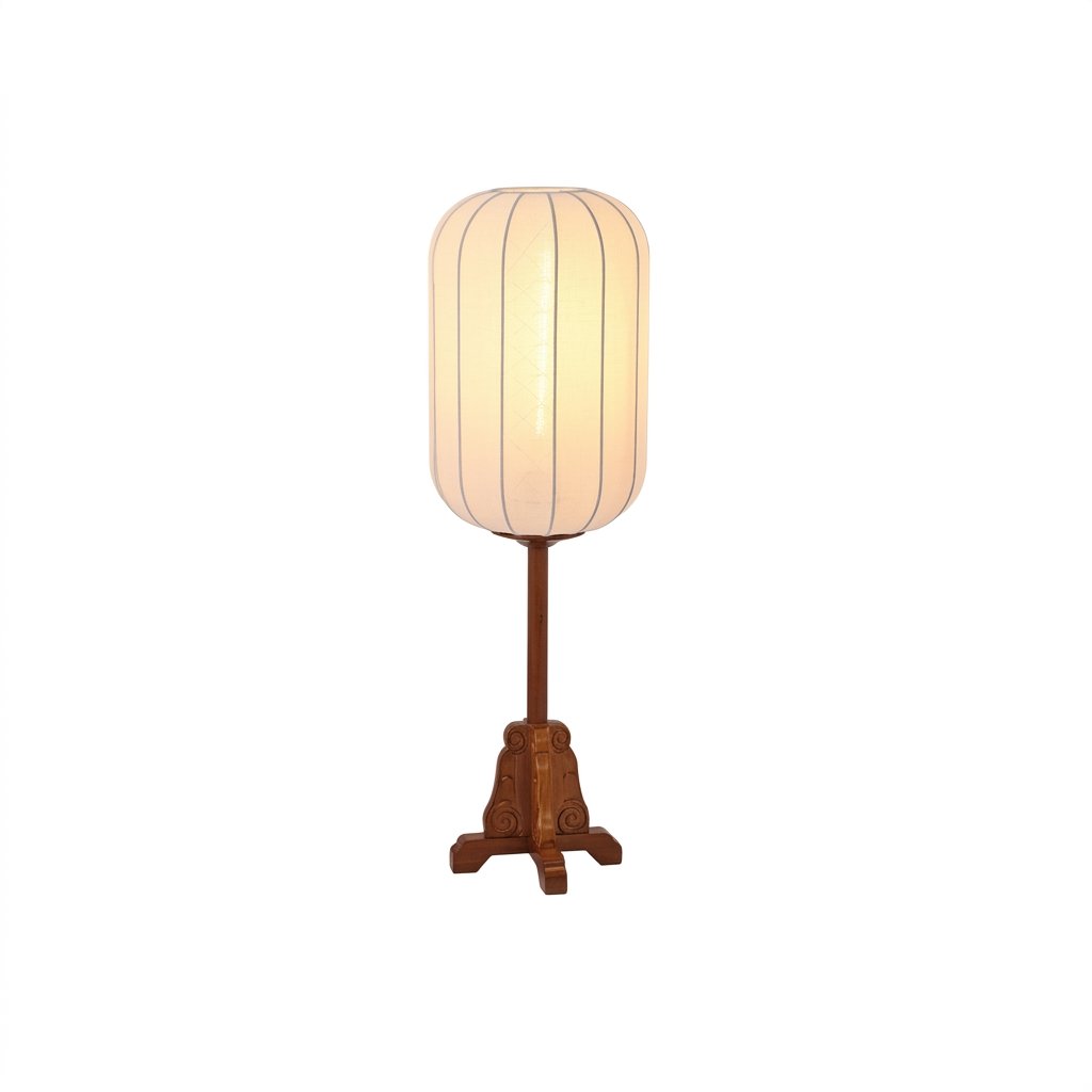 Zen Lantern Table Lamp with Hand-Knitted Fabric Shade and Carved Wooden Base