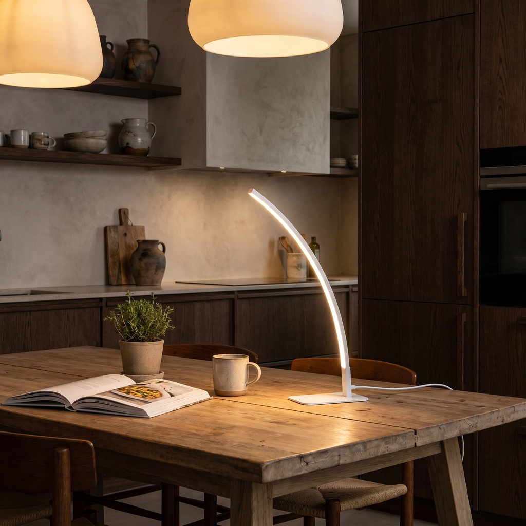 Modern Curved LED Table Lamp – USB Powered 8W Dimmable Desk Light