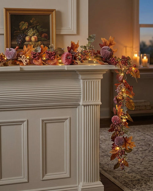 1.4m Pre-Lit Luxury Velvet Pumpkin Meadow Garland with 50 Micro LEDs
