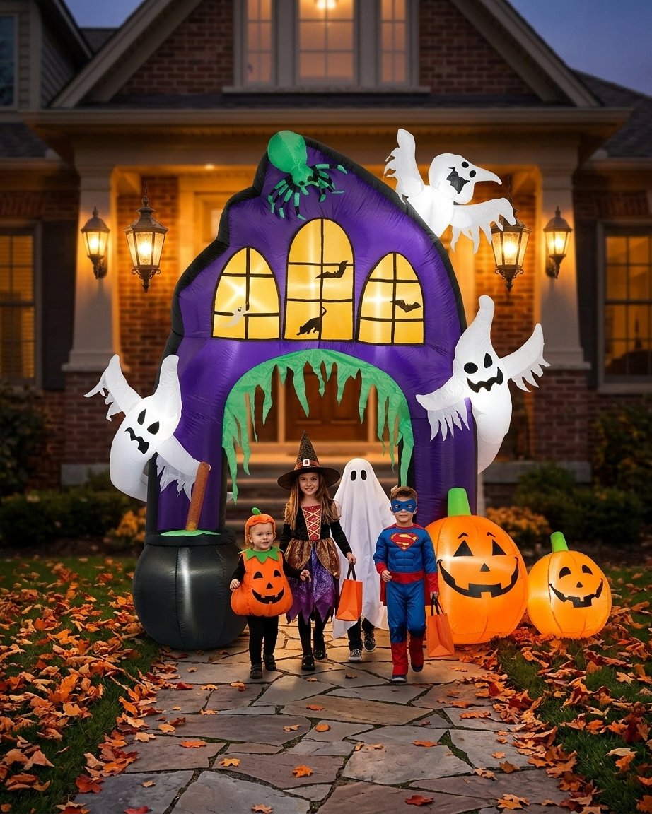 2.5m Haunted House Inflatable Arch with Ghosts, Pumpkins and Spider – LED Lit Halloween Garden Decoration