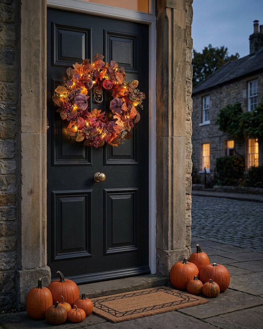 40 cm Pre-Lit Luxury Velvet Pumpkin Meadow Wreath with LED Lights