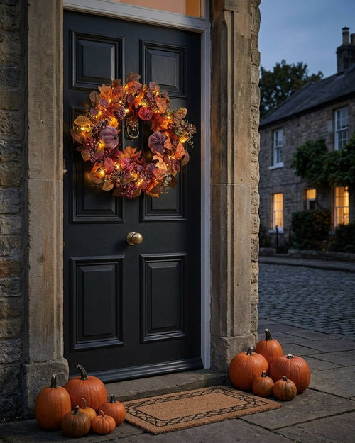 40 cm Pre-Lit Luxury Velvet Pumpkin Meadow Wreath with LED Lights