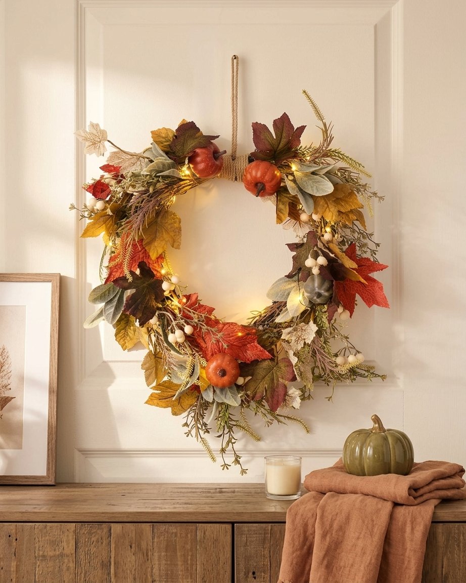 50 cm Pre-Lit Pumpkin Lane Autumn Wreath with 20 LED Lights and 6-Hour Timer