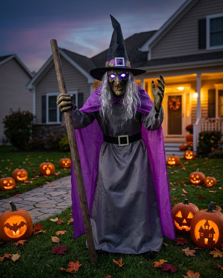 6-Foot Flying Witch Halloween Yard Decoration with Floating Broomstick Effect and Lifelike Face