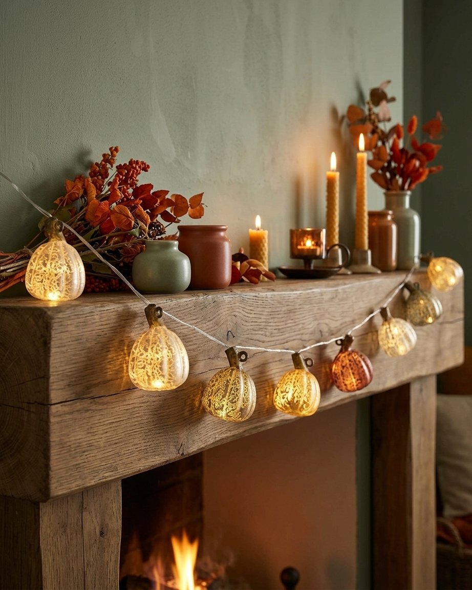 8 Glass Pumpkin LED String Lights with Warm White Micro LEDs and Timer