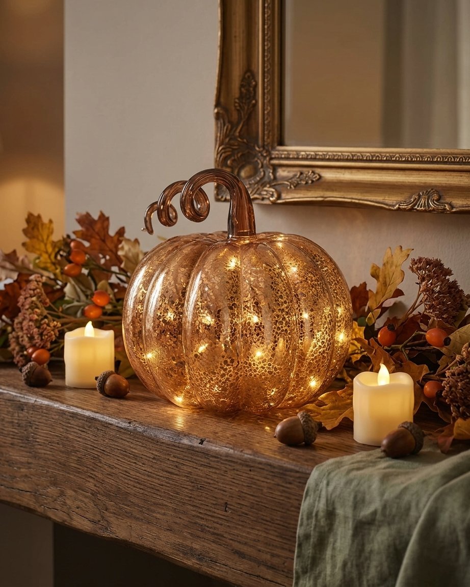 Amber Mercury Glass Light-Up Pumpkin Decoration with LED Fairy Lights