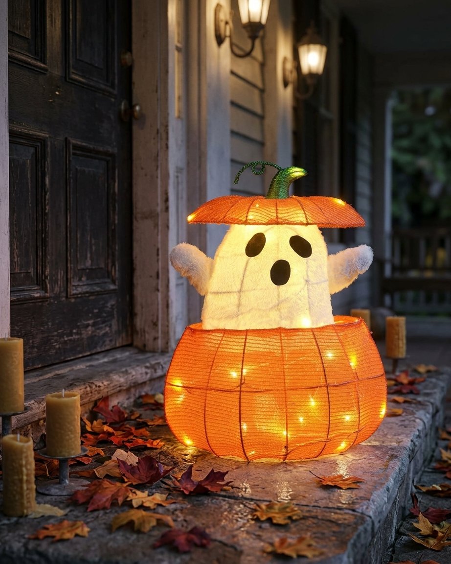Animated Light-Up Ghost in a Pumpkin Halloween Decoration with 35 Warm White LEDs