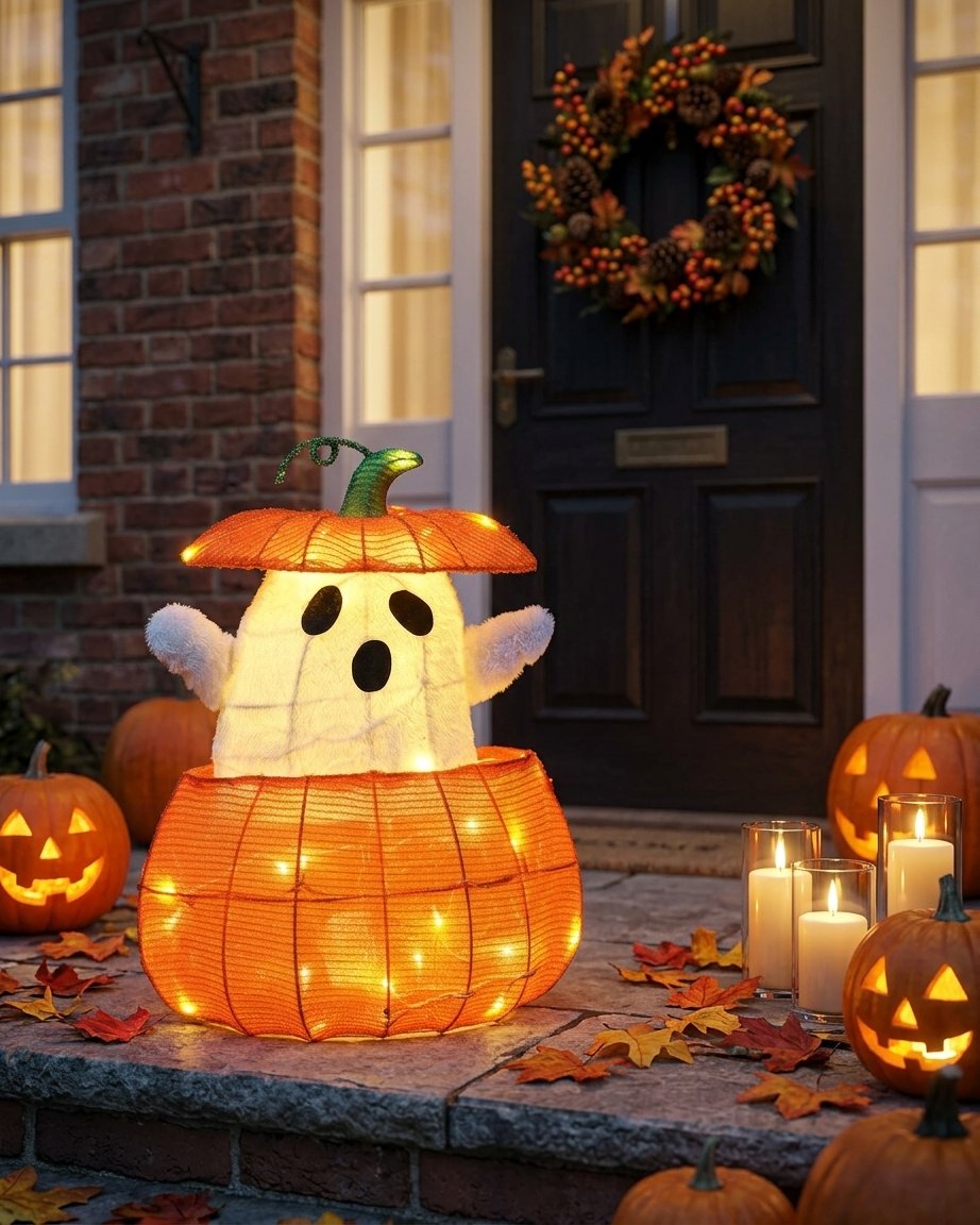 Animated Light-Up Ghost in a Pumpkin Halloween Decoration with Warm White LEDs