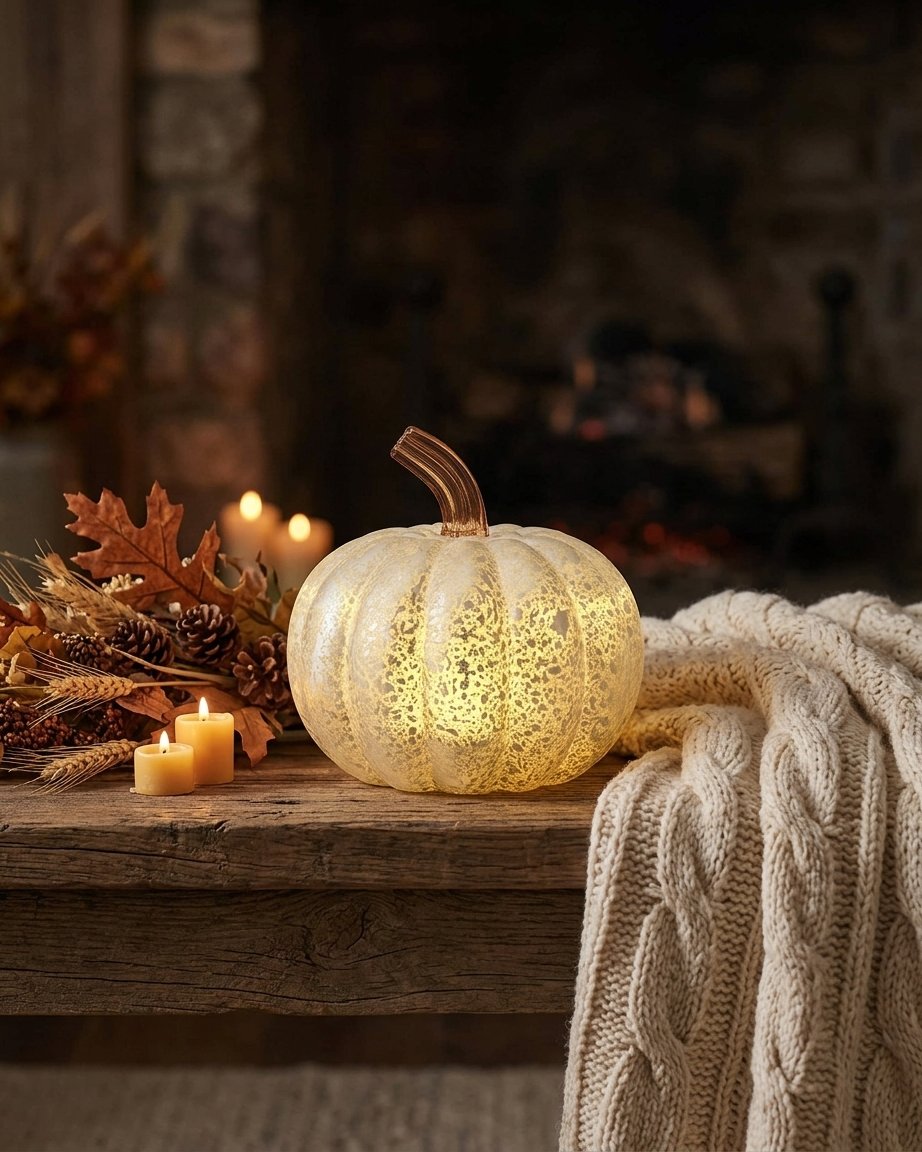 Antique White Glass Pumpkin with Warm LED Light and Amber Stem