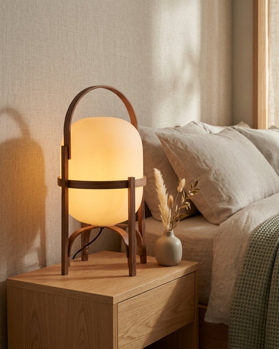 Arcoven Veya Lantern Table Lamp with Opal Glass Globe and Arched Wooden Frame