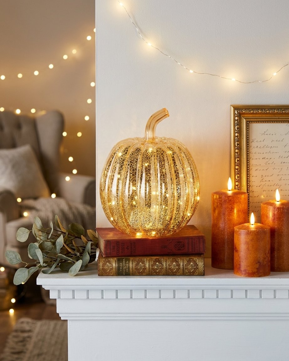 Autumn Glow Mercury Glass Pumpkin and Flameless Pillar Candle Bundle
