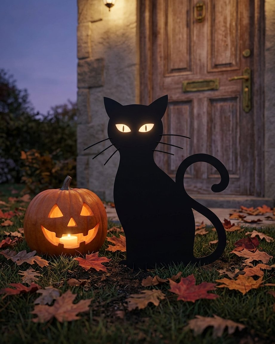 Black Cat Halloween Silhouette with Glowing LED Eyes – Outdoor Garden Stake Light