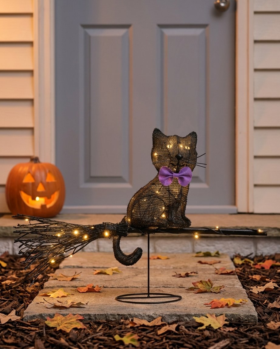 Black Cat on a Broomstick Outdoor LED Halloween Decoration with Timer