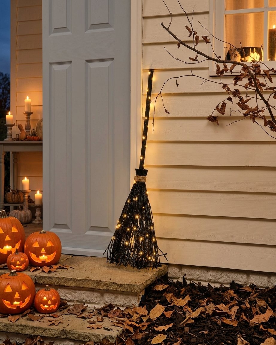Black Witch's Broom Outdoor LED Halloween Decoration with 50 Warm White Lights and Timer