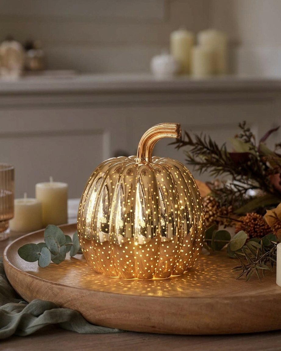 Brass Mottled Glass Pumpkin Trio with Warm White LED Lights