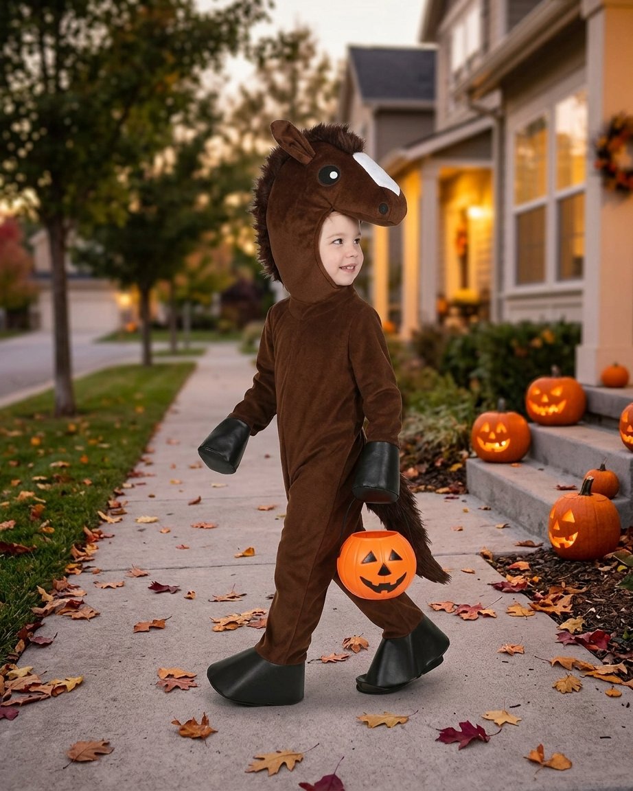 Children's Animal Horse Costume Set with Plush Hood, Jumpsuit, Mittens and Shoe Covers