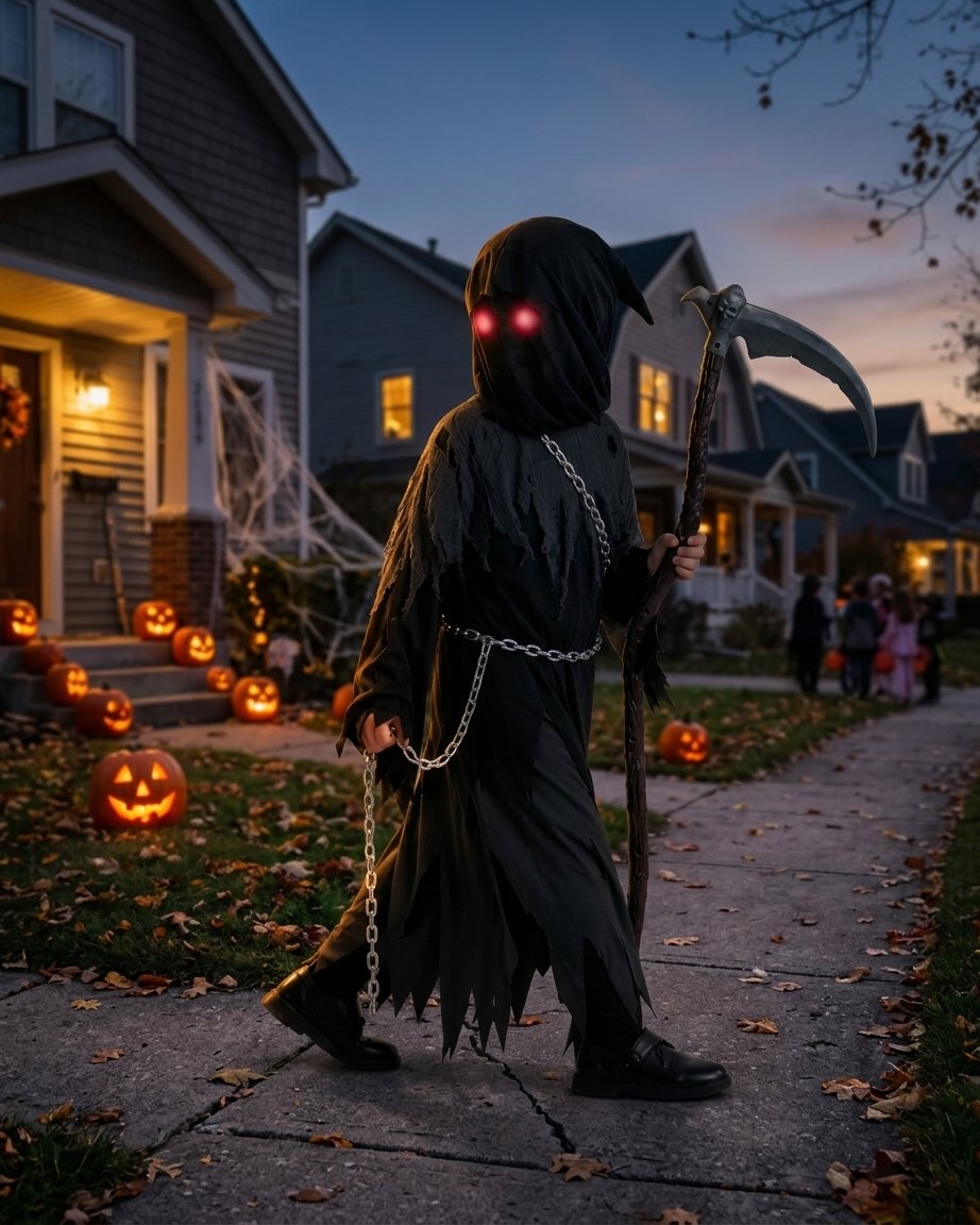 Children's Grim Reaper Halloween Costume Set with Glowing Red Eyes and Toy Scythe