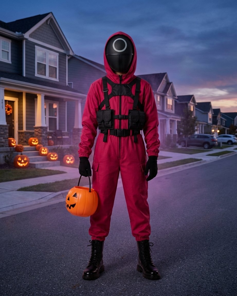 Children's Red Hooded Jumpsuit Halloween Costume with Mesh Mask, Gloves and Shoulder Holster