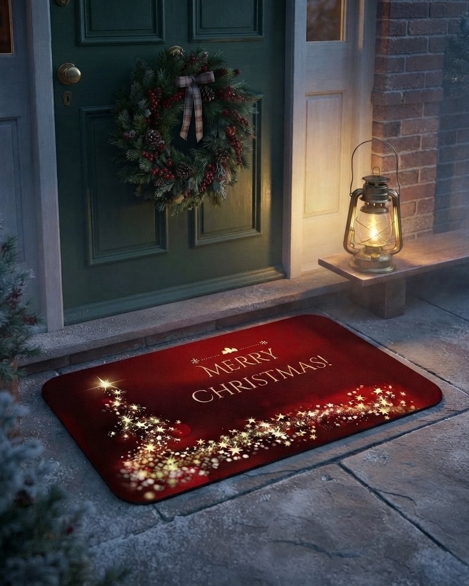 Christmas Door Mat with Golden Star Swirl