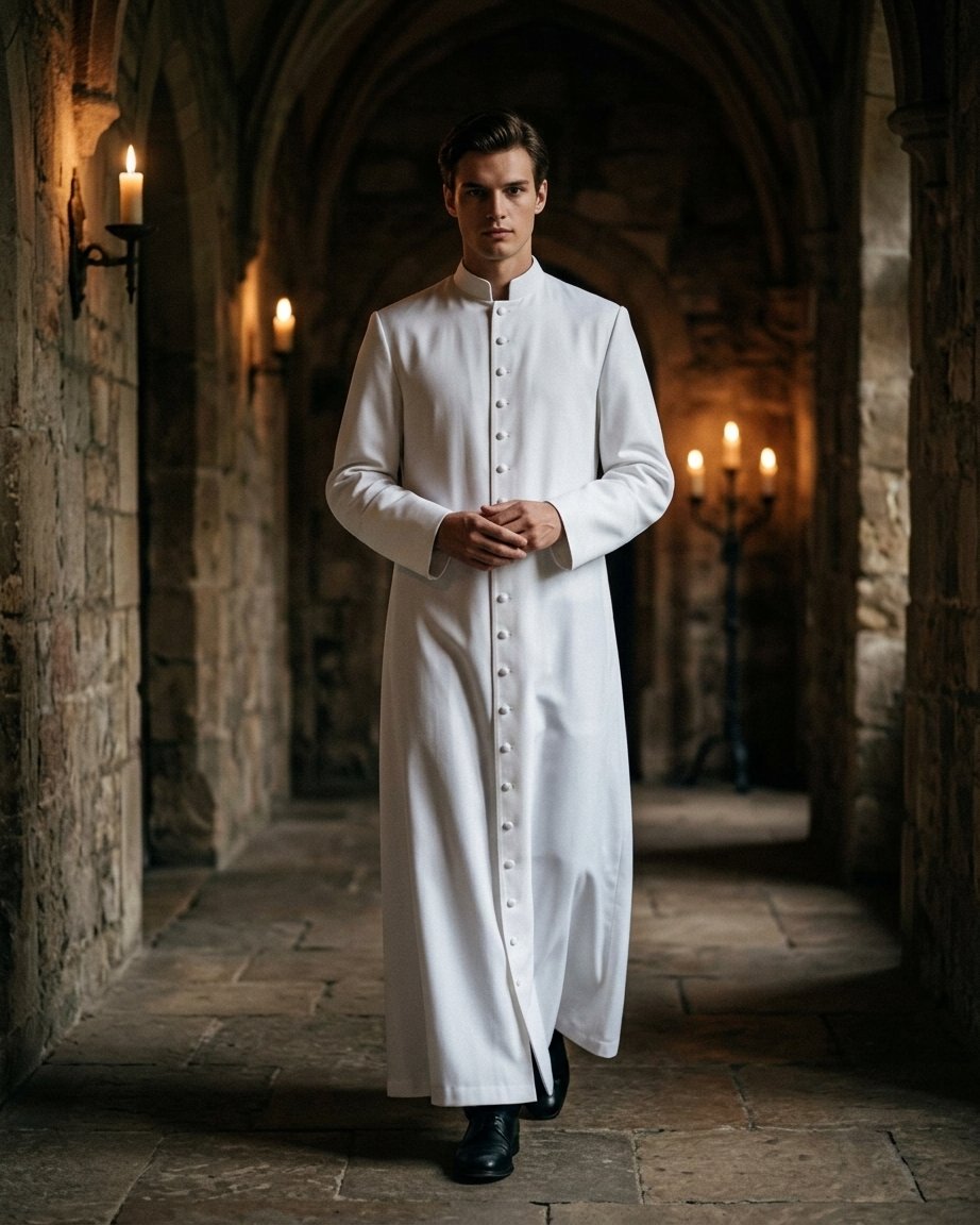 Clergy Cassock Robe with Button-Front and Band Collar – Ankle-Length Costume