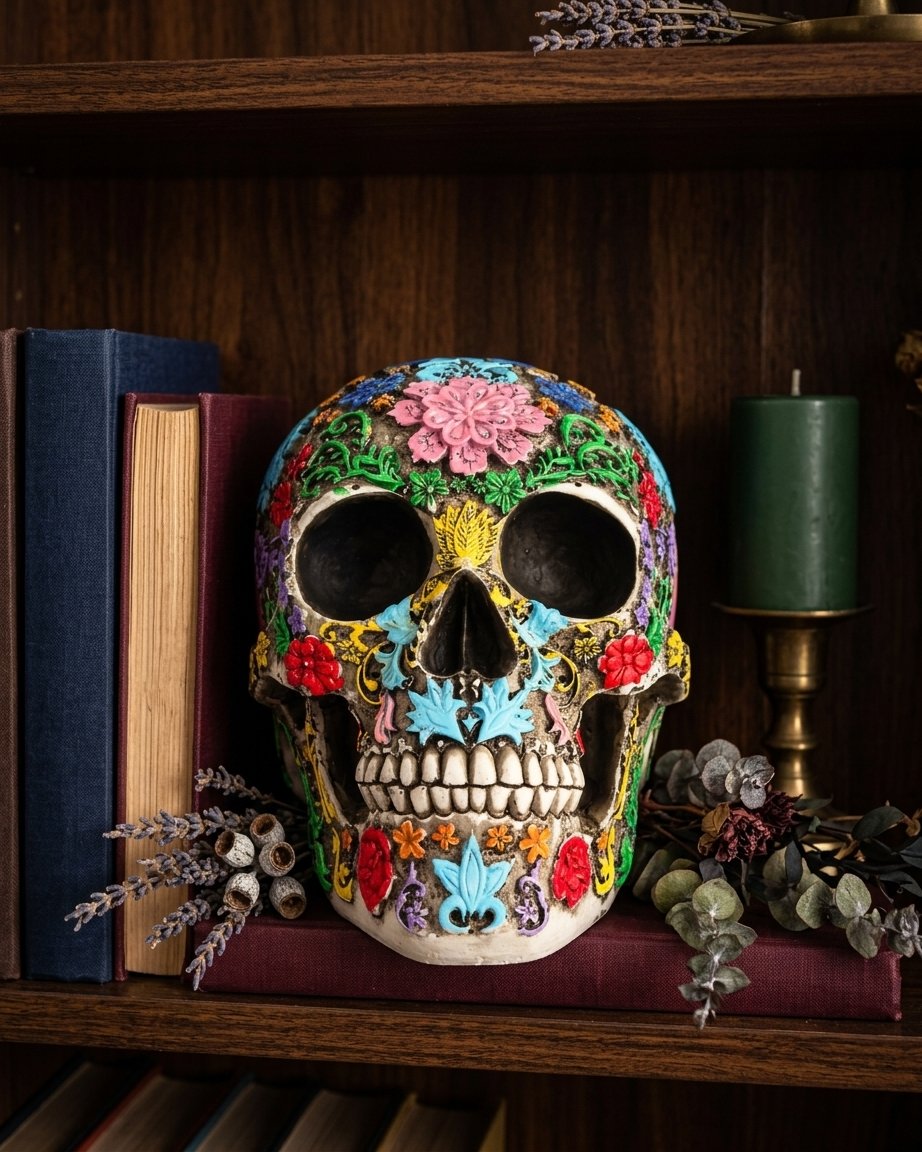 Colourful Floral Resin Skull Ornament with Raised Vine Detail