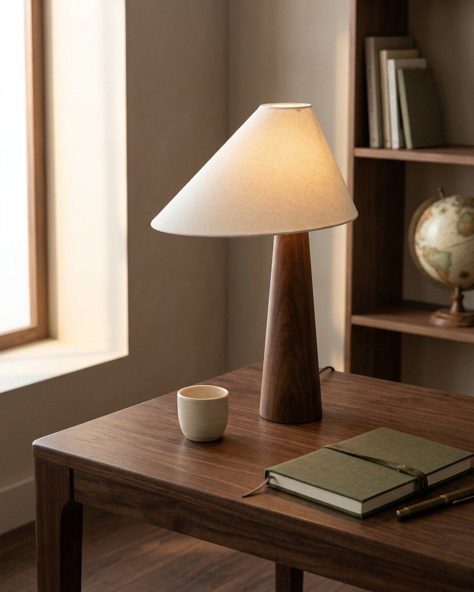 Conical Oak Wood Table Lamp with Fabric Shade – Wabi Sabi Style