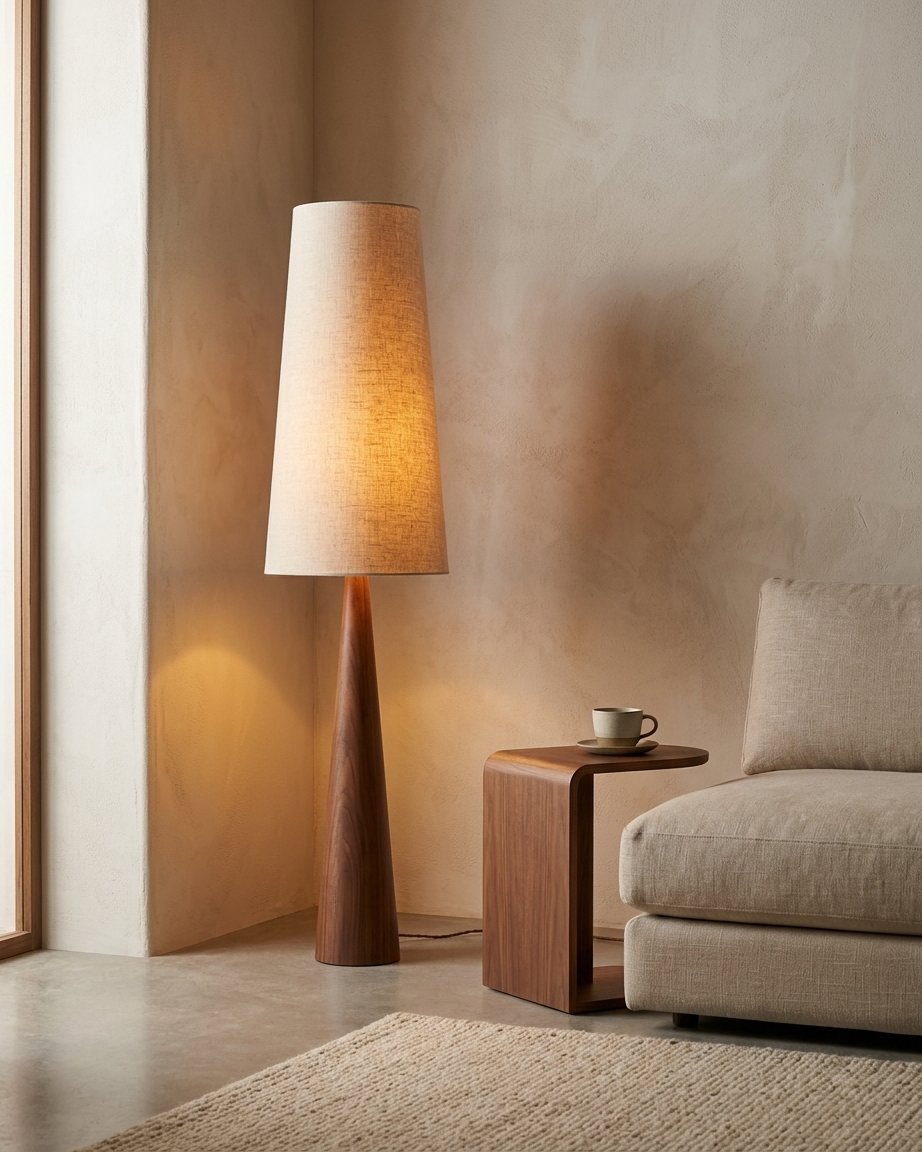 Conical Solid Wood Wabi-Sabi Lamp with Fabric Shade – Table Lamp and Floor Lamp