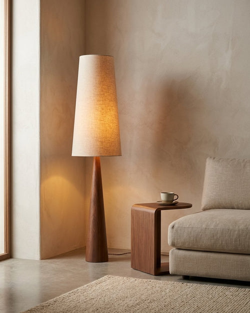Conical Solid Wood Wabi-Sabi Lamp with Fabric Shade – Table Lamp and Floor Lamp