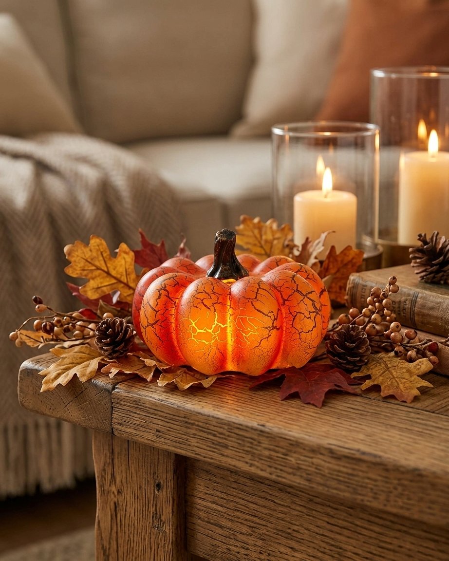Crackle-Finish Miniature Pumpkin Lanterns with Warm LED Glow