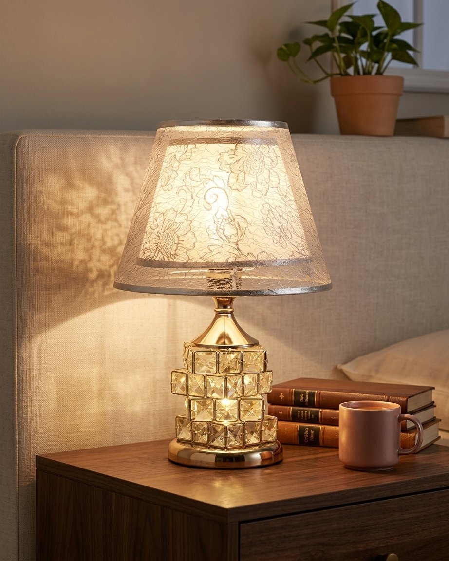 Crystal Block Table Lamp with Floral Fabric Shade