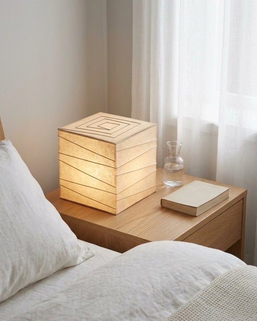 Cube table lamp with touch dimmer and integrated LED, rice paper shade and glass frame