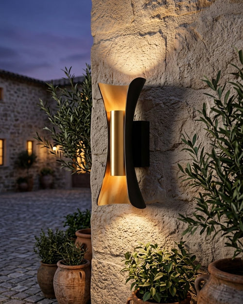 Curved Hourglass Outdoor and Indoor Wall Light with Brass Reflector