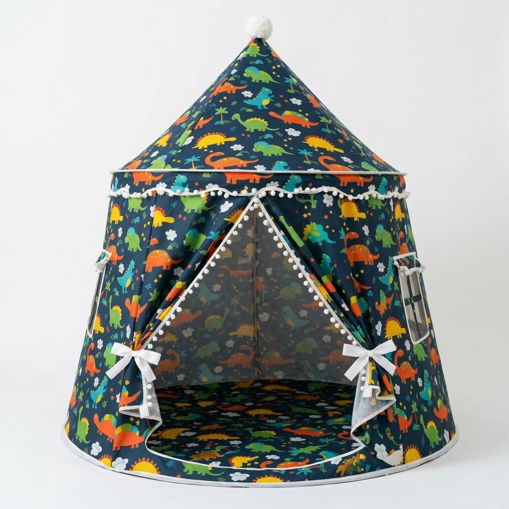 Dinosaur Kids Play Tent with Pom-Pom Trim