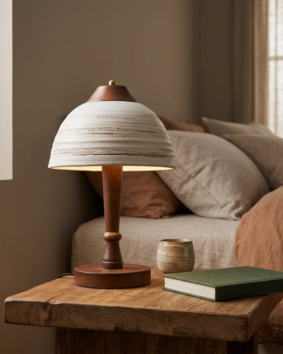 Dome Ceramic and Solid Wood Table Lamp with Ribbed Shade