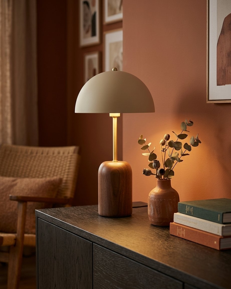 Dome Shade Table Lamp with Timber Base and Brass Stem