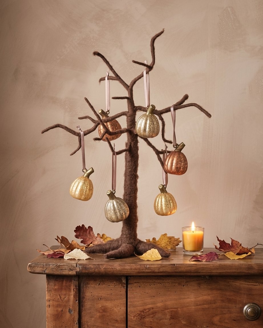 Felt Twig Tree and Hanging Glass Pumpkin Decorations Bundle