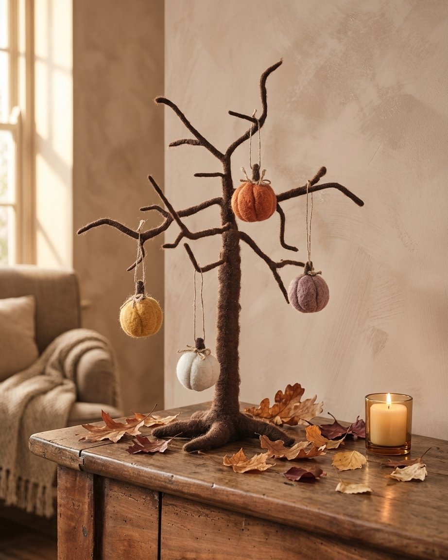 Felt Twig Tree with Hanging Felt Pumpkin Decorations Bundle