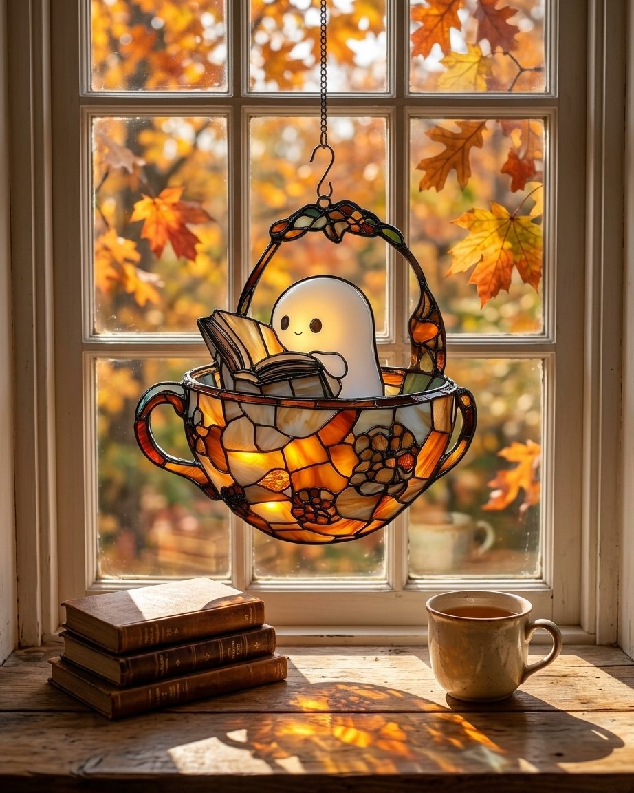 Ghost in a Teacup Stained-Glass Style Suncatcher with Book Design – Hanging Window Decoration