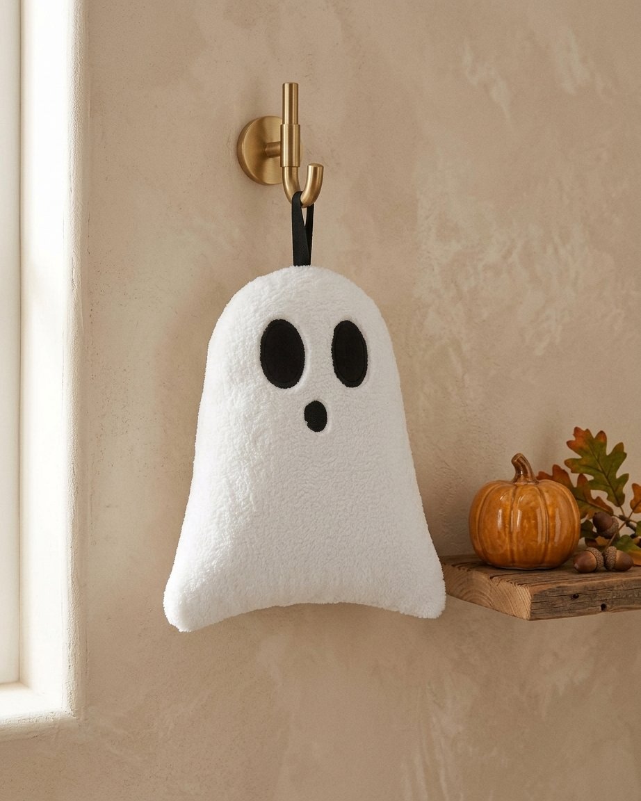 Ghost-shaped Halloween hand towel with hanging loop – coral fleece, three face designs