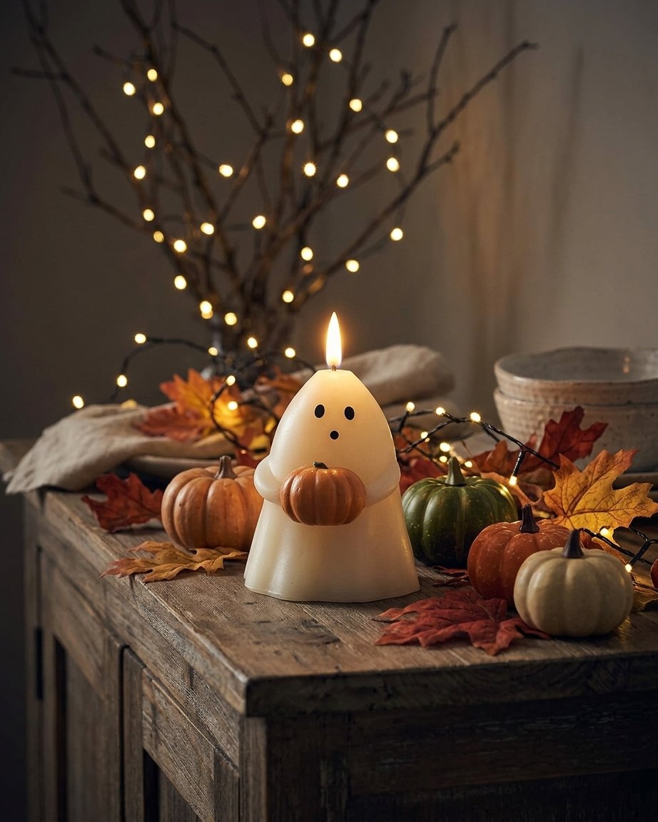 Ghost with Pumpkin Flickering LED Wax Candle