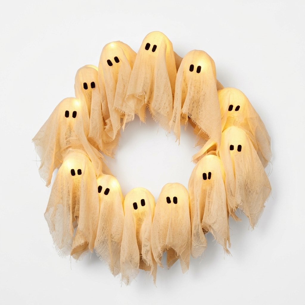 Ghost Wreath with LED Lights, Halloween Door Decor