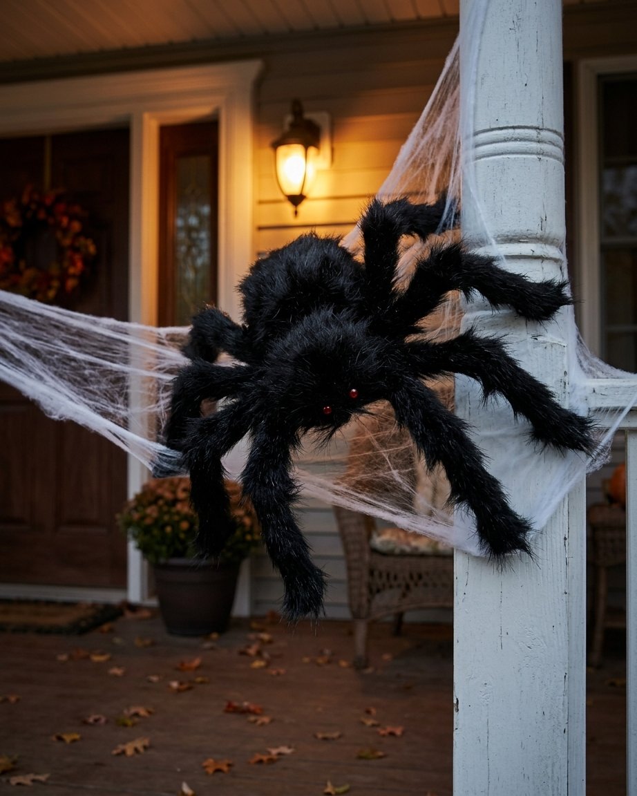 Giant Hairy Spider Halloween Decoration Set with Stretchable Web – 2 Spiders Included