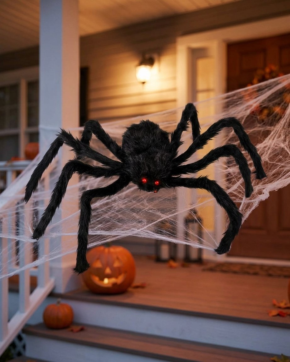 Giant Poseable Black Furry Spider Halloween Decoration with Red Eyes
